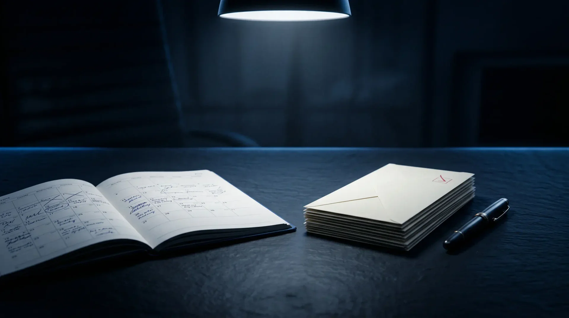 A printed Outlook calendar and inbox view fanned across a slate-blue desk, with a single blue check mark on the one item that actually needs a decision today.