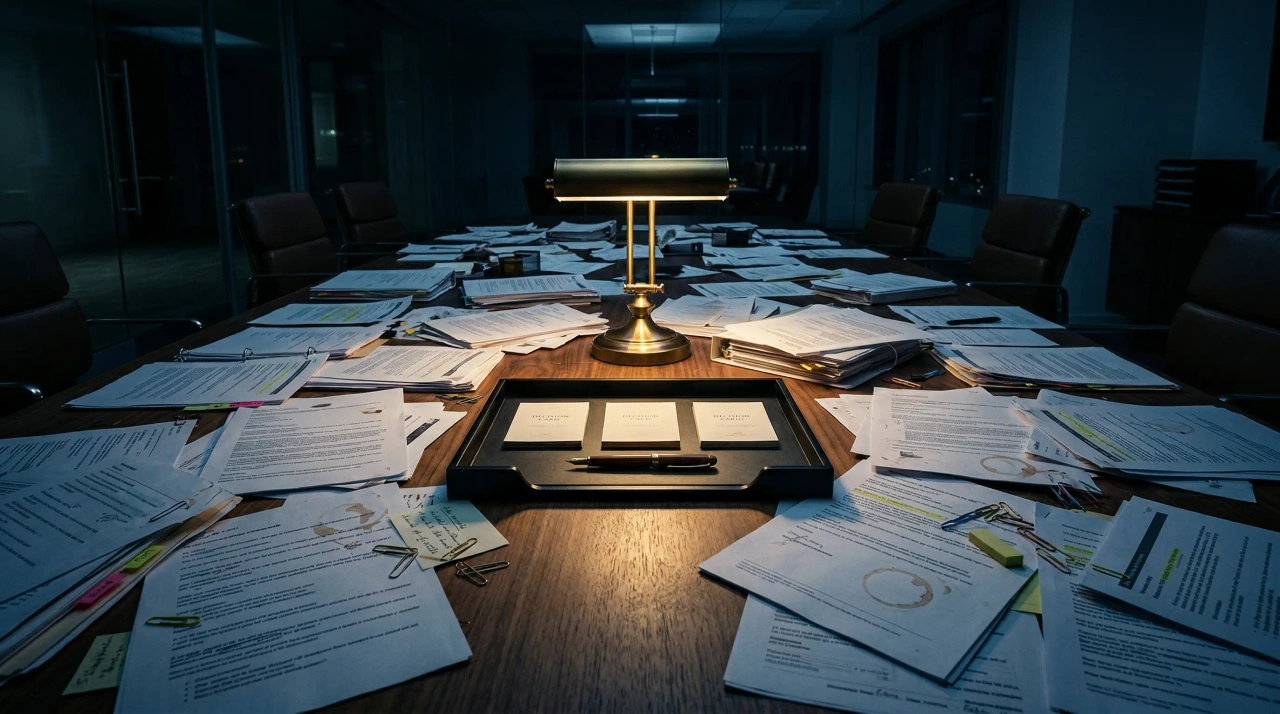 A brass desk lamp illuminates a black tray of crisp decision cards at the center of a paper-covered walnut conference table, with the rest of the room fading into blue shadow.