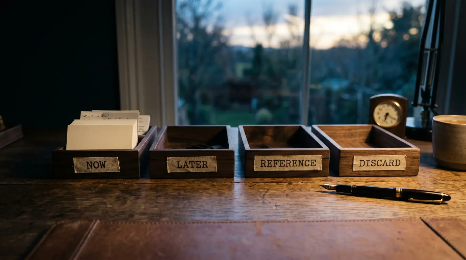 Four wooden outbox trays labeled Now, Later, Reference, and Discard on a dark walnut desk under a warm spotlight — the four buckets of the email triage taxonomy.