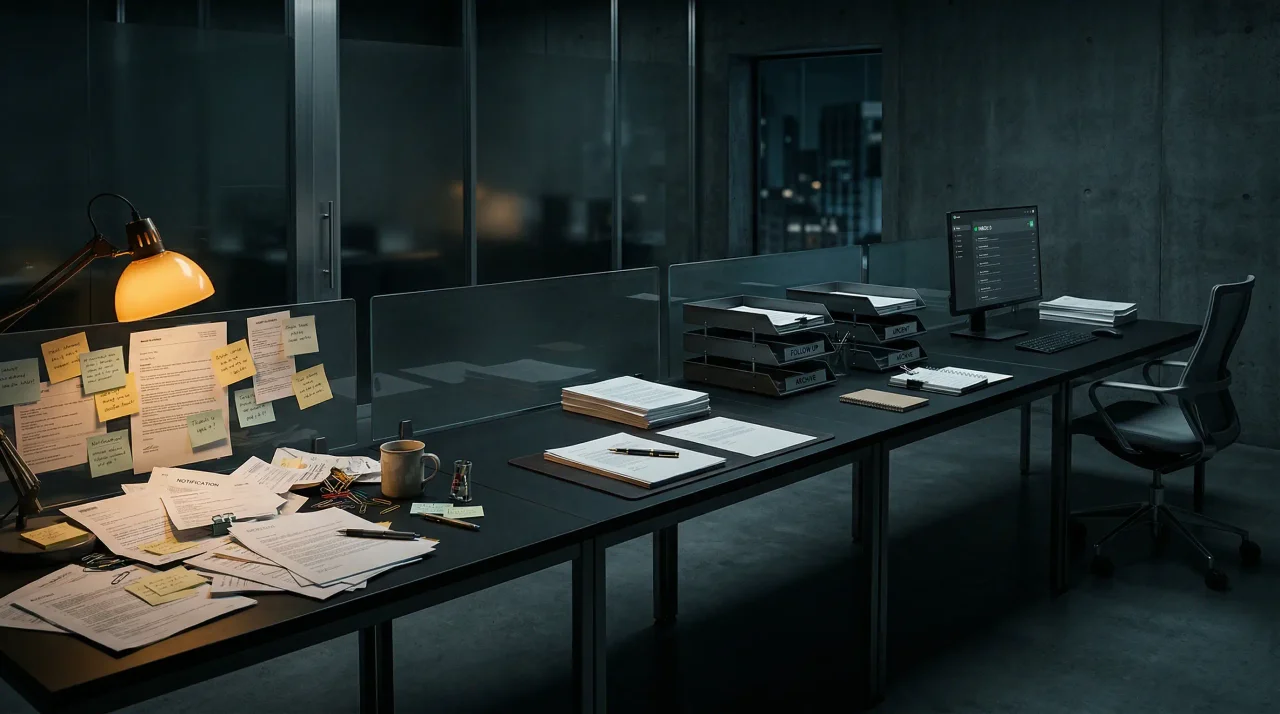 A dark four-stage mailroom receding from paper chaos to a calm autonomous inbox, illustrating the four levels of AI email help.