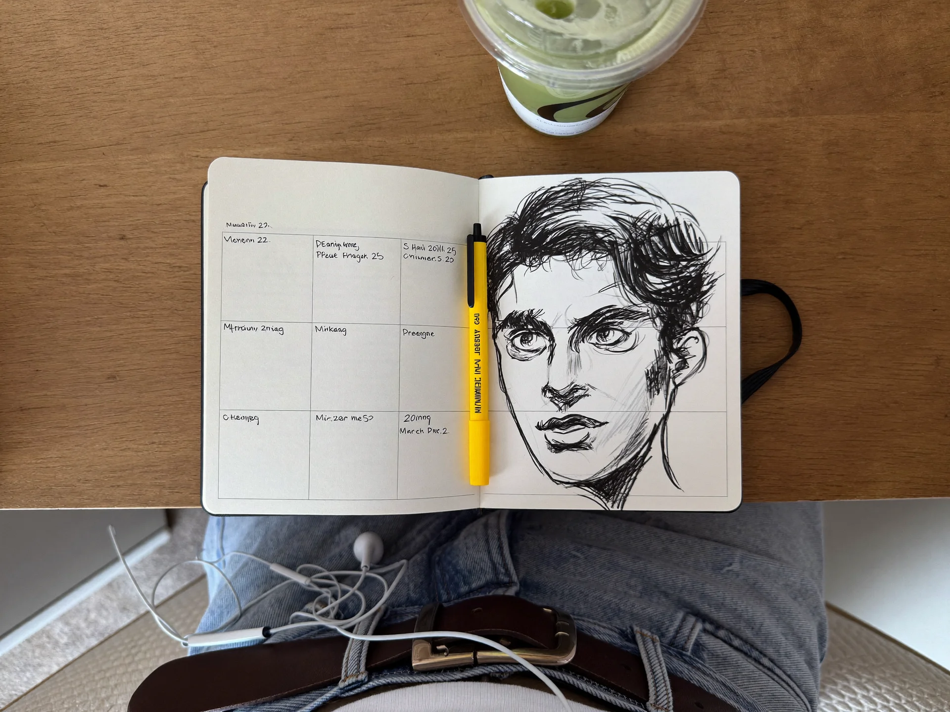 An overhead after-hours work scene with an open notebook, pen, earbuds, and takeaway coffee resting across someone's lap, capturing how mobile work bleeds into personal space.