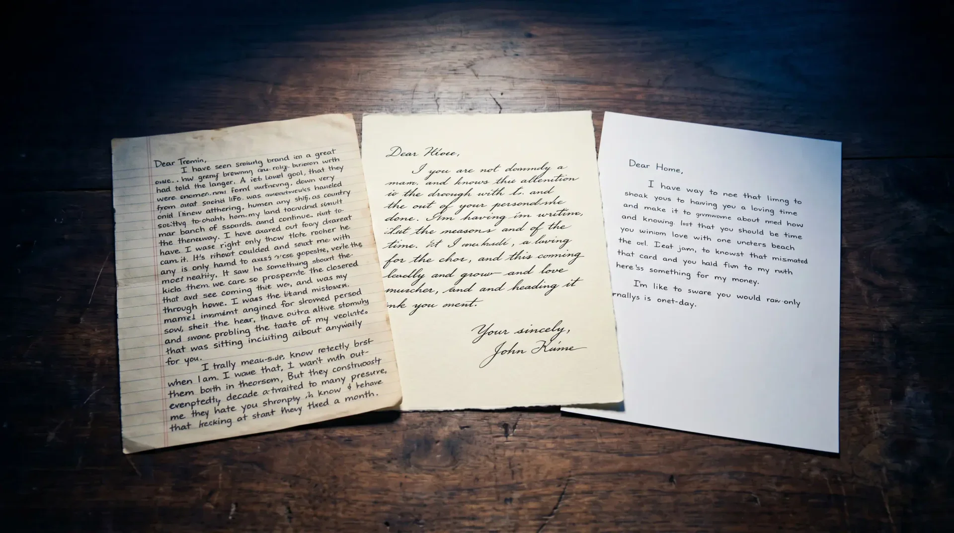 Three letters in three different handwritings laid out on a dark walnut desk under a cool spotlight — one blocky and typed, one looped cursive, one a clean modern serif.