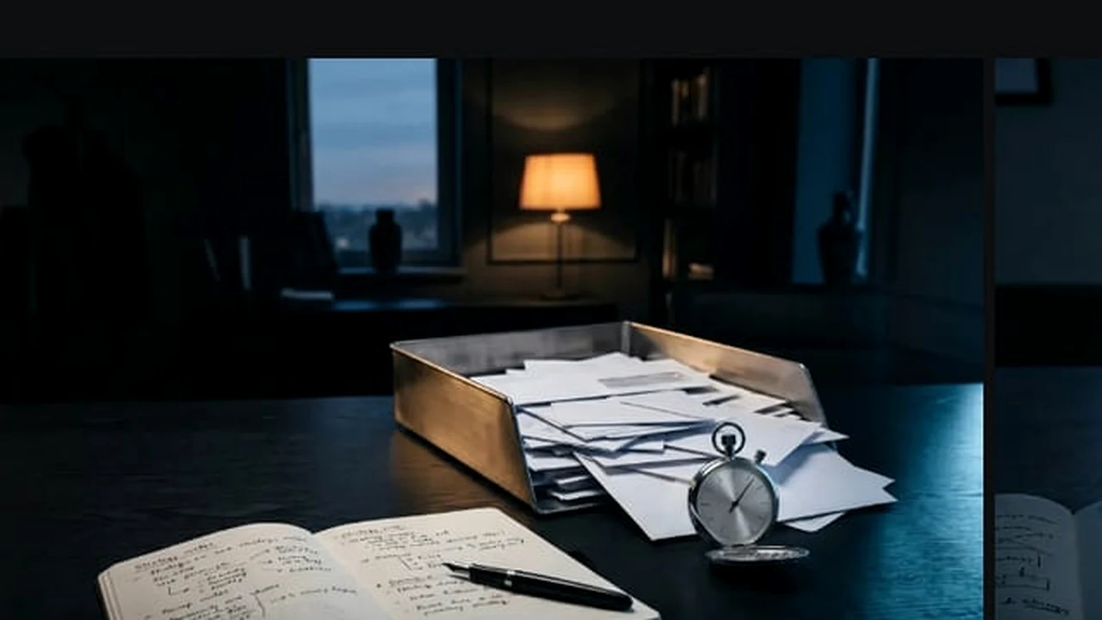 A dark editorial desk with an open notebook, stacked envelopes in a metal inbox tray, and a pocket watch lit by cool monitor glow and a warm lamp.